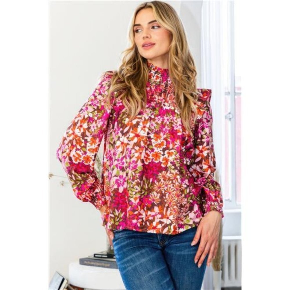 Floral Mock Neck Smocked Yoke Blouse- Dark Pink